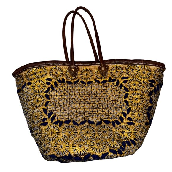 Large Artisan-Crafted Woven Embroidered & Leather Trim Tote Bag in Blue… - Picture 2 of 8